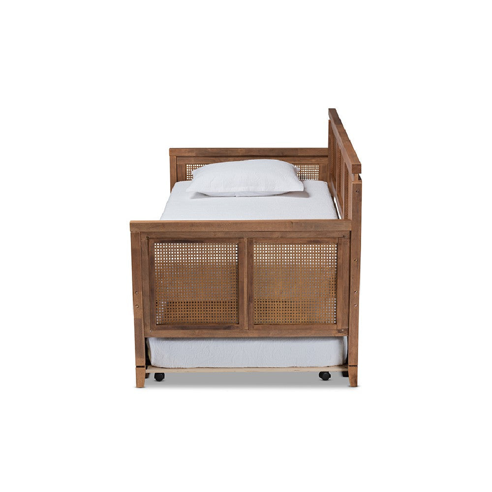 Baxton Studio Toveli Vintage French Inspired Ash Wanut Finished Wood and Synthetic Rattan Daybed with Trundle