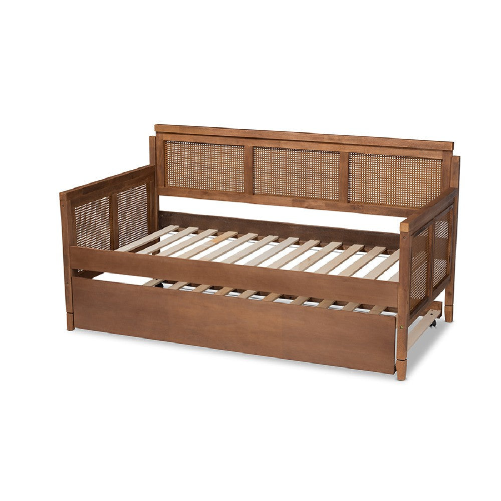 Baxton Studio Toveli Vintage French Inspired Ash Wanut Finished Wood and Synthetic Rattan Daybed with Trundle