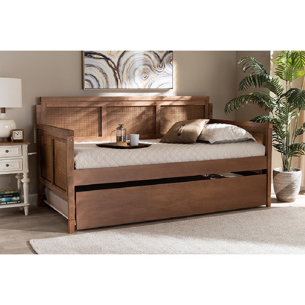 Baxton Studio Toveli Vintage French Inspired Ash Wanut Finished Wood and Synthetic Rattan Daybed with Trundle