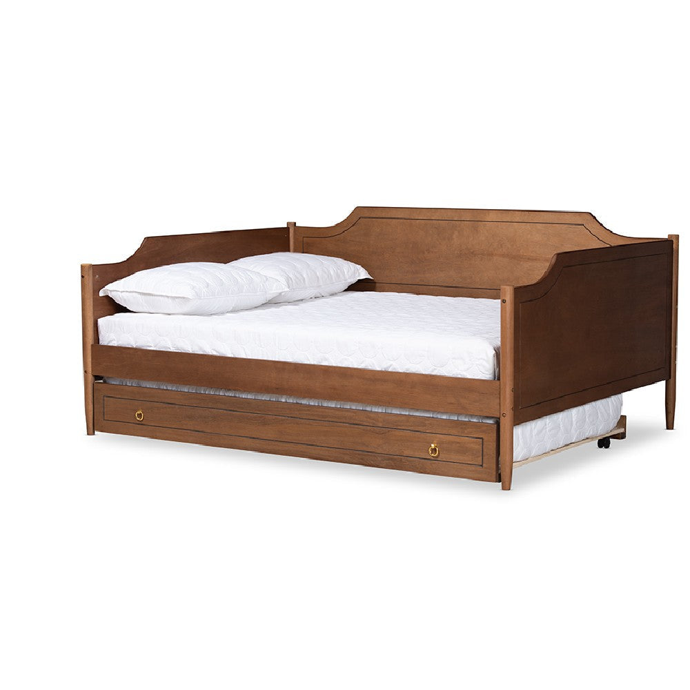 Baxton Studio Alya Classic Traditional Farmhouse Walnut Brown Finished Wood Full Size Daybed with Roll-Out Trundle Bed