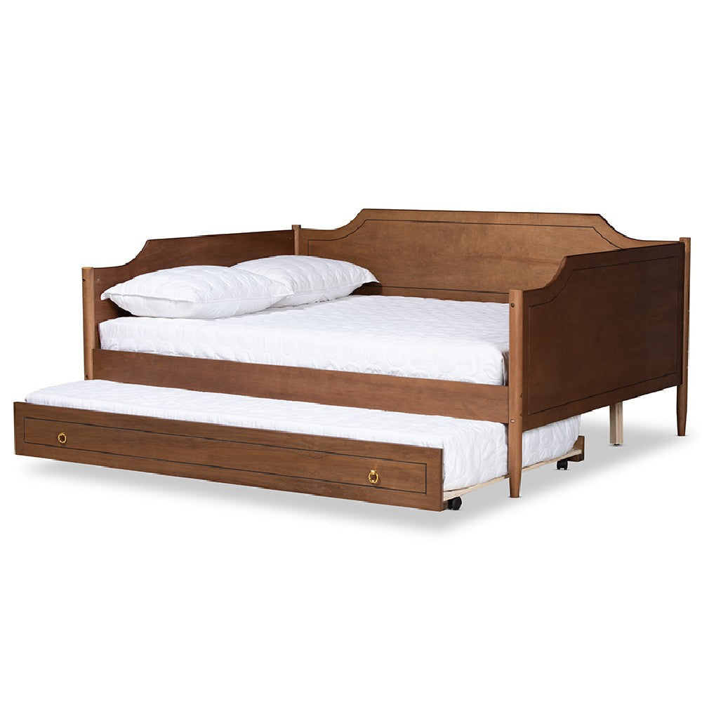 Baxton Studio Alya Classic Traditional Farmhouse Walnut Brown Finished Wood Full Size Daybed with Roll-Out Trundle Bed