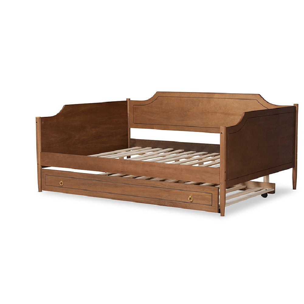 Baxton Studio Alya Classic Traditional Farmhouse Walnut Brown Finished Wood Full Size Daybed with Roll-Out Trundle Bed