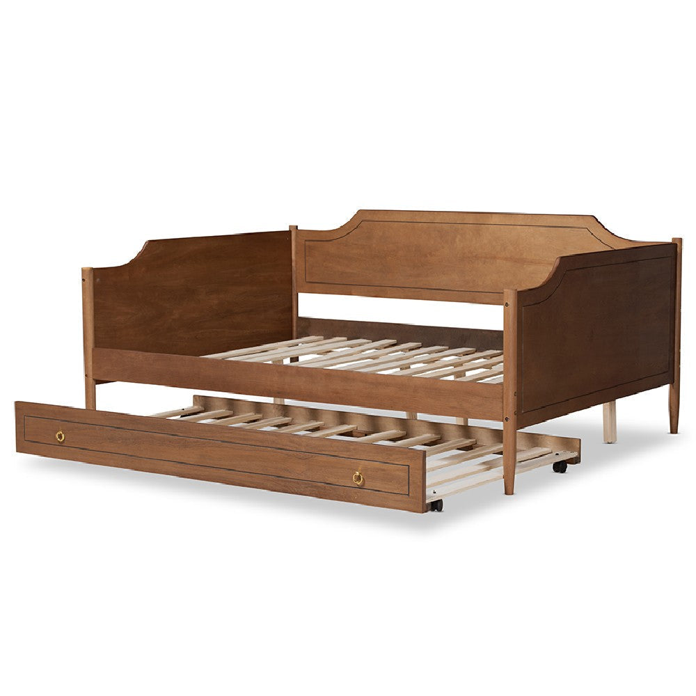 Baxton Studio Alya Classic Traditional Farmhouse Walnut Brown Finished Wood Full Size Daybed with Roll-Out Trundle Bed