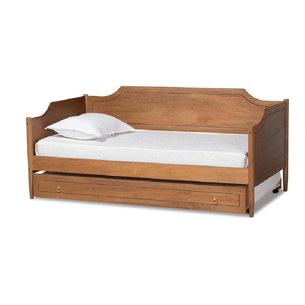 Baxton Studio Alya Classic Traditional Farmhouse Walnut Brown Finished Wood Twin Size Daybed with Roll-Out Trundle Bed