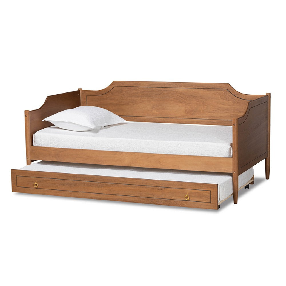 Baxton Studio Alya Classic Traditional Farmhouse Walnut Brown Finished Wood Twin Size Daybed with Roll-Out Trundle Bed