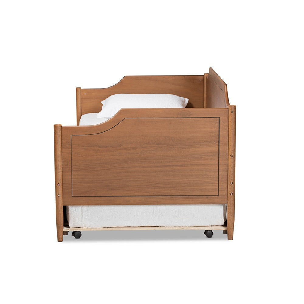 Baxton Studio Alya Classic Traditional Farmhouse Walnut Brown Finished Wood Twin Size Daybed with Roll-Out Trundle Bed