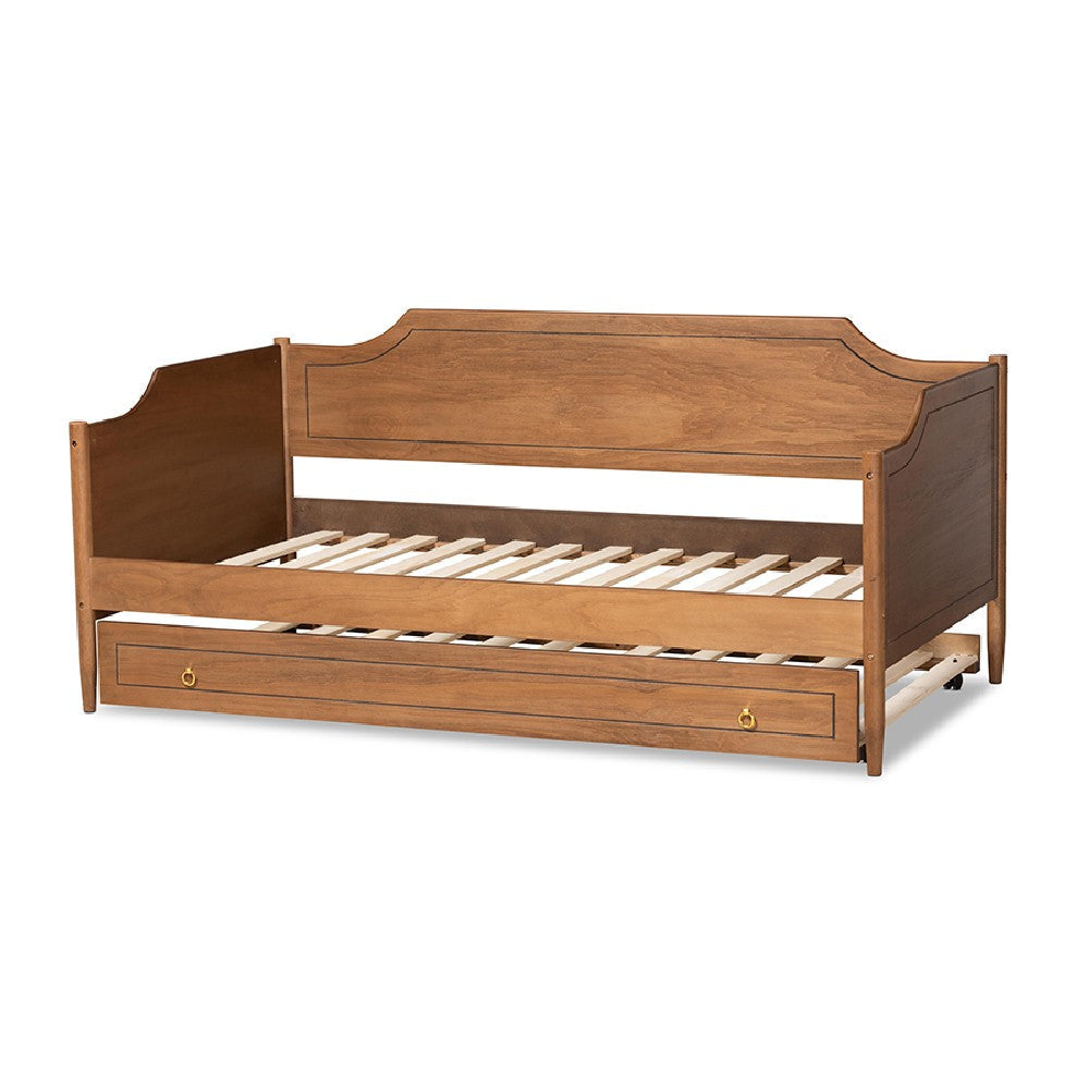 Baxton Studio Alya Classic Traditional Farmhouse Walnut Brown Finished Wood Twin Size Daybed with Roll-Out Trundle Bed