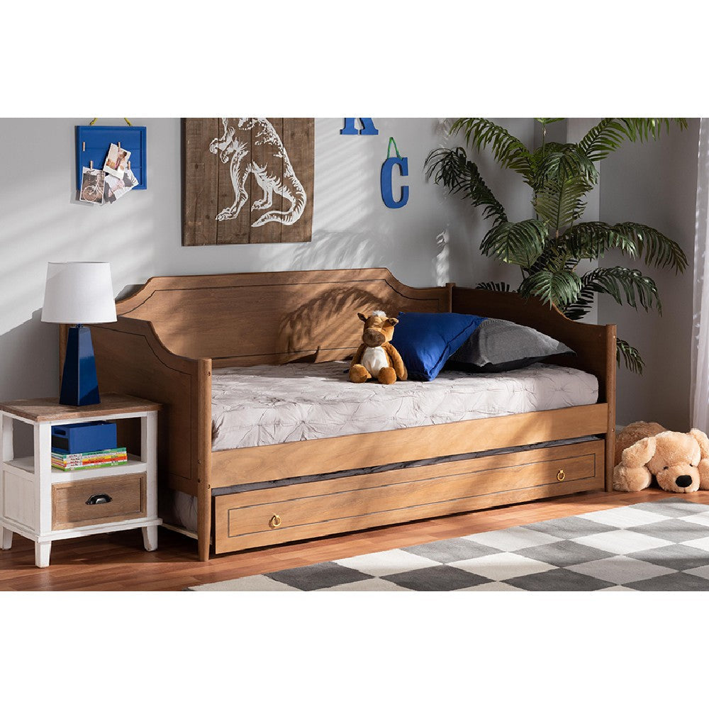 Baxton Studio Alya Classic Traditional Farmhouse Walnut Brown Finished Wood Twin Size Daybed with Roll-Out Trundle Bed