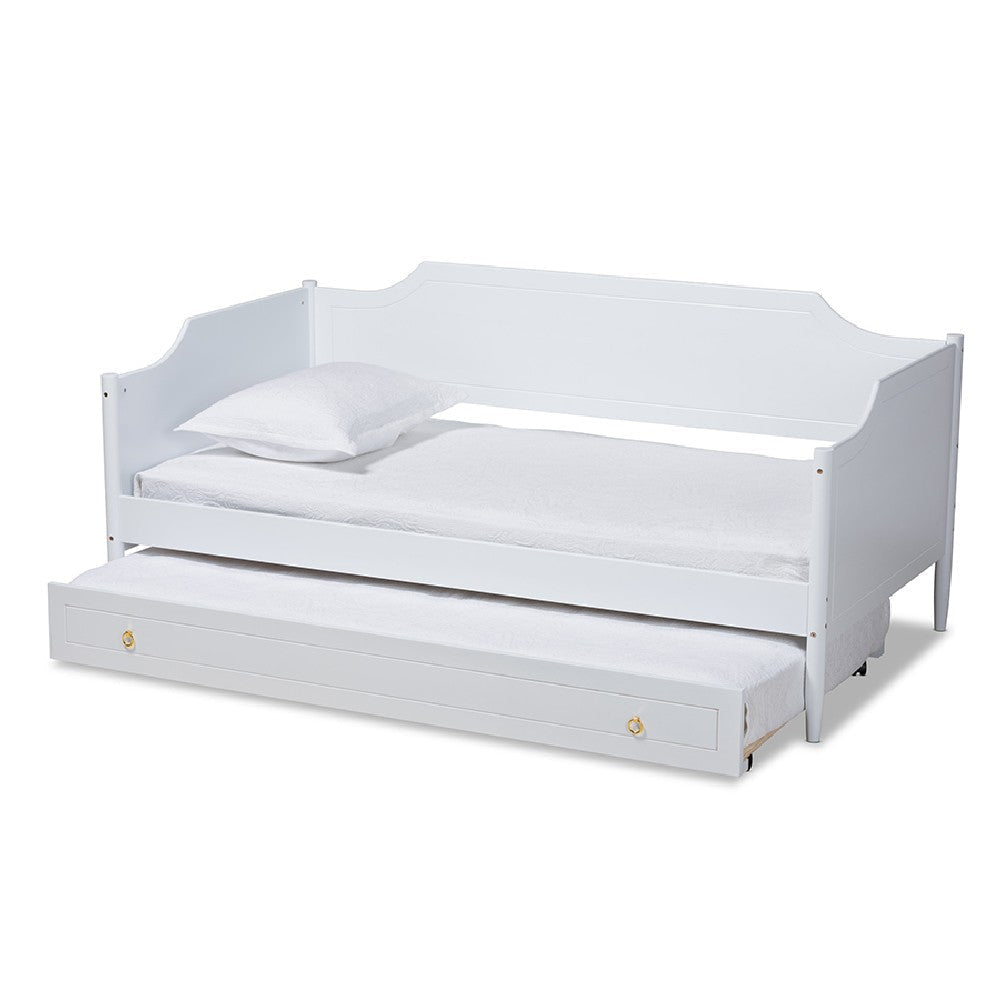 Baxton Studio Alya Classic Traditional Farmhouse White Finished Wood Twin Size Daybed with Roll-Out Trundle Bed
