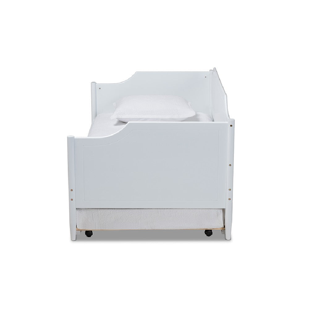 Baxton Studio Alya Classic Traditional Farmhouse White Finished Wood Twin Size Daybed with Roll-Out Trundle Bed