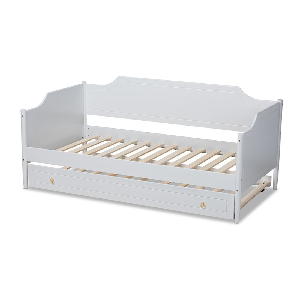Baxton Studio Alya Classic Traditional Farmhouse White Finished Wood Twin Size Daybed with Roll-Out Trundle Bed