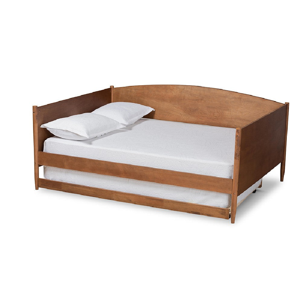 Baxton Studio Veles Mid-Century Modern Ash Walnut Finished Wood Full Size Daybed with Trundle