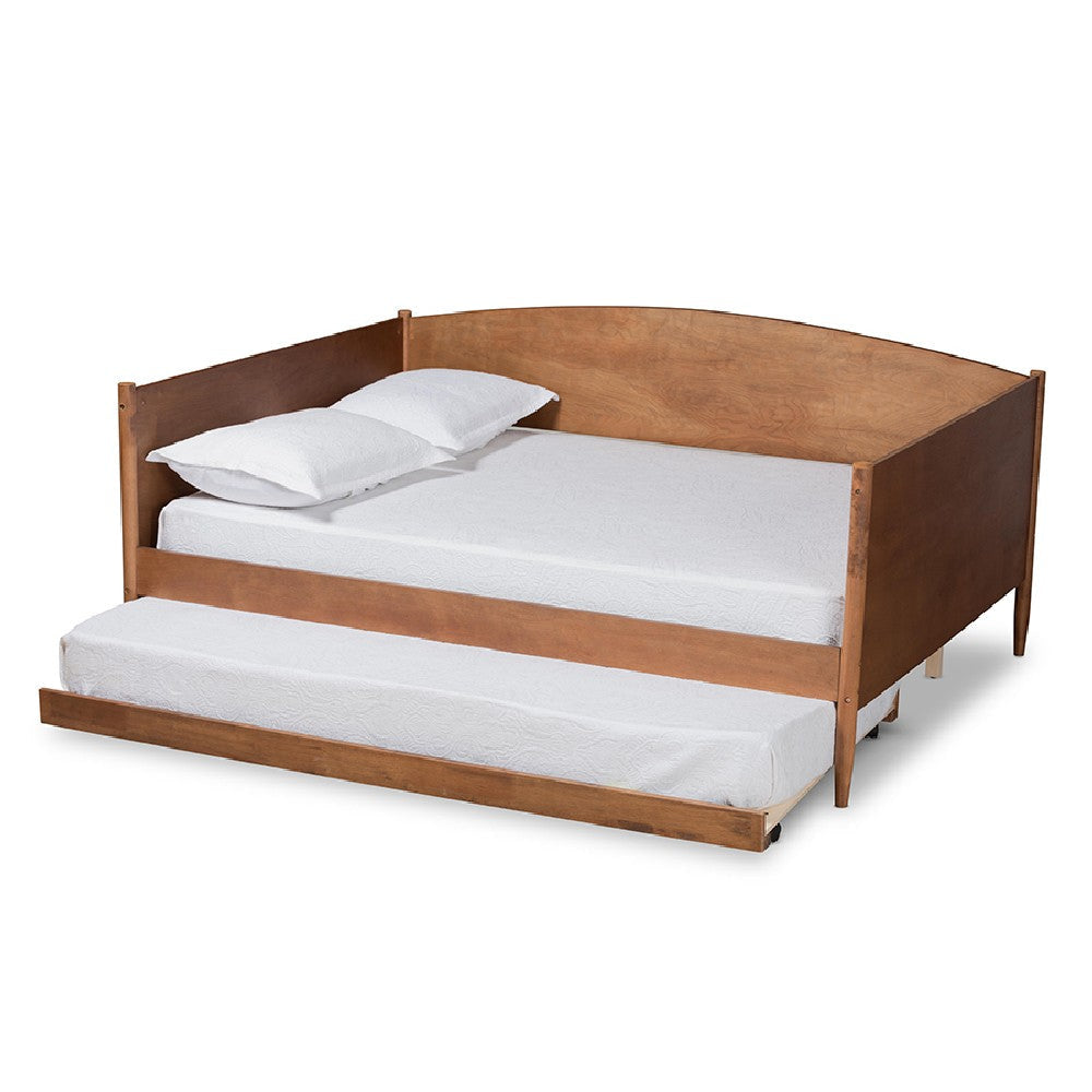 Baxton Studio Veles Mid-Century Modern Ash Walnut Finished Wood Full Size Daybed with Trundle