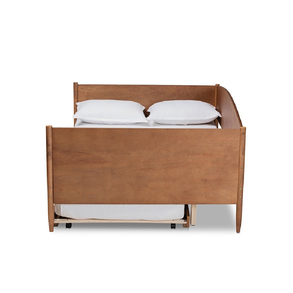 Baxton Studio Veles Mid-Century Modern Ash Walnut Finished Wood Full Size Daybed with Trundle