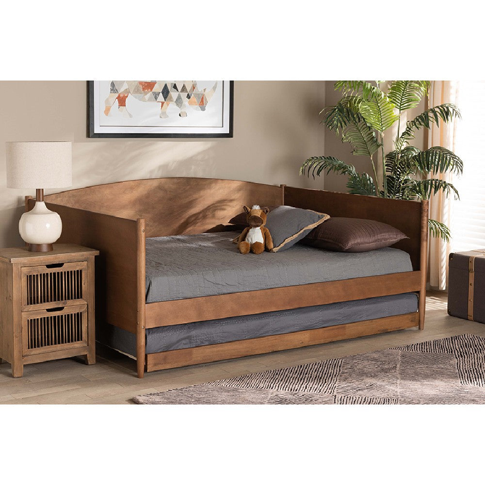 Baxton Studio Veles Mid-Century Modern Ash Walnut Finished Wood Full Size Daybed with Trundle