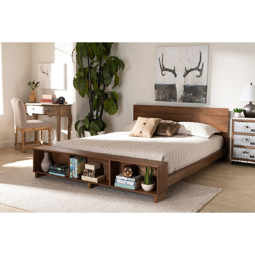 Baxton Studio Regina Modern Rustic Ash Walnut Brown Finished Wood Full Size Platform Storage Bed with Built-In Shelves