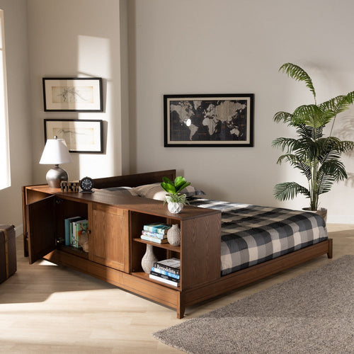 Baxton Studio Kaori Modern and Contemporary Transitional Walnut Brown Finished Wood Queen Size Platform Storage Bed