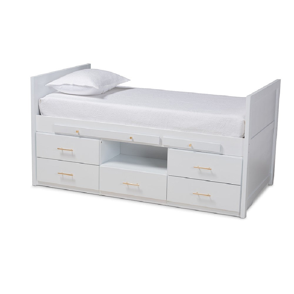 Baxton Studio Mirza Modern and Contemporary White Finished Wood 5-Drawer Twin Size Storage Bed with Pull-Out Desk WHI-MG0041-White-Twin