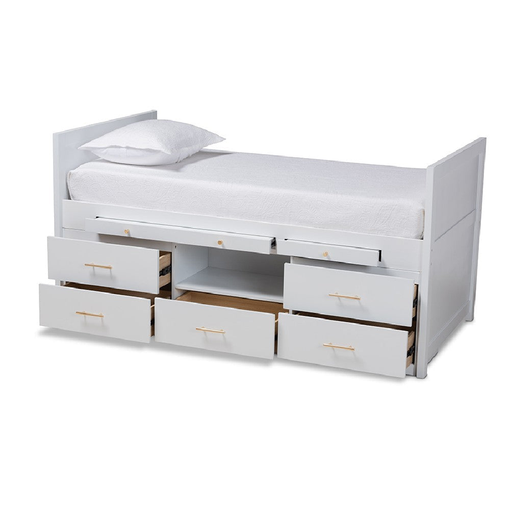 Baxton Studio Mirza Modern and Contemporary White Finished Wood 5-Drawer Twin Size Storage Bed with Pull-Out Desk