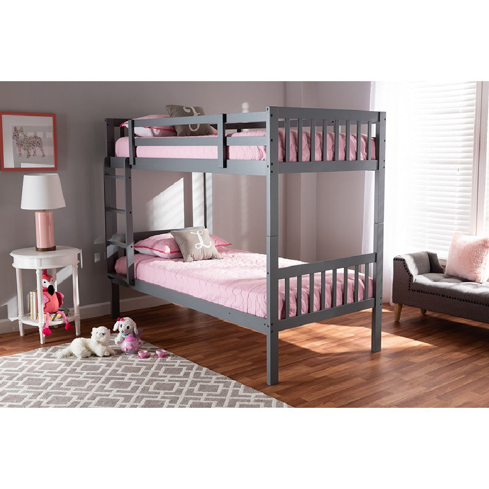 Baxton Studio Jude Modern and Contemporary Grey Finished Wood Twin Size Bunk Bed WHI-MG0045-Grey-Twin-Bunk-Bed