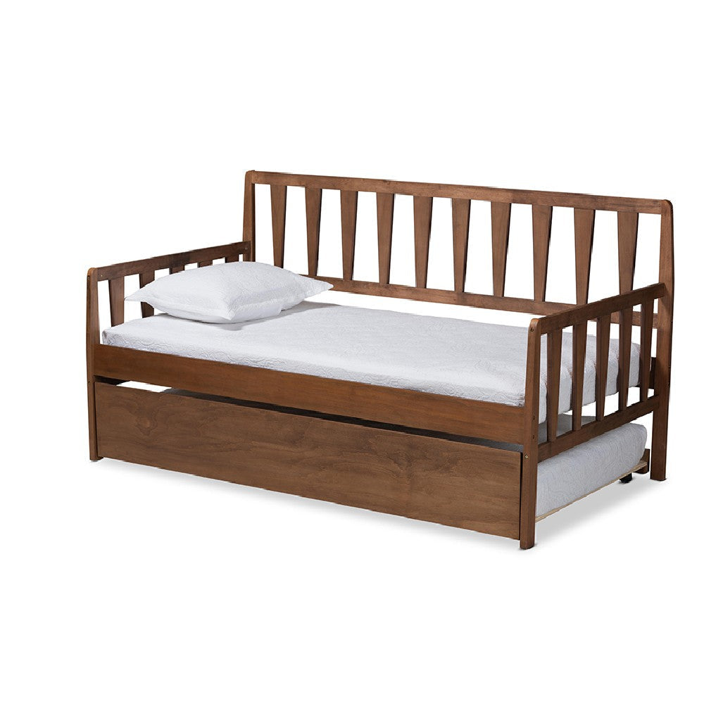 Baxton Studio Midori Modern and Contemporary Transitional Walnut Brown Finished Wood Twin Size Daybed with Roll-Out Trundle Bed
