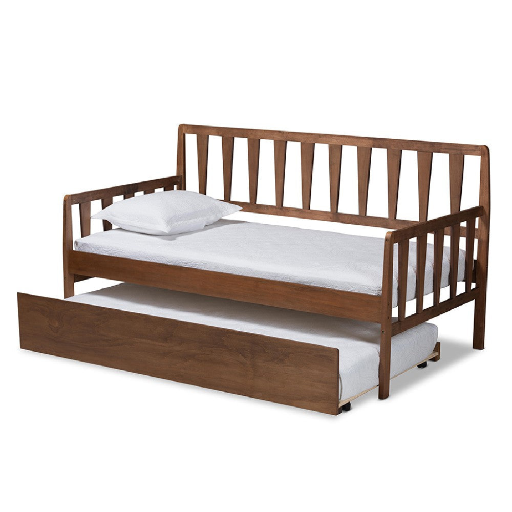 Baxton Studio Midori Modern and Contemporary Transitional Walnut Brown Finished Wood Twin Size Daybed with Roll-Out Trundle Bed