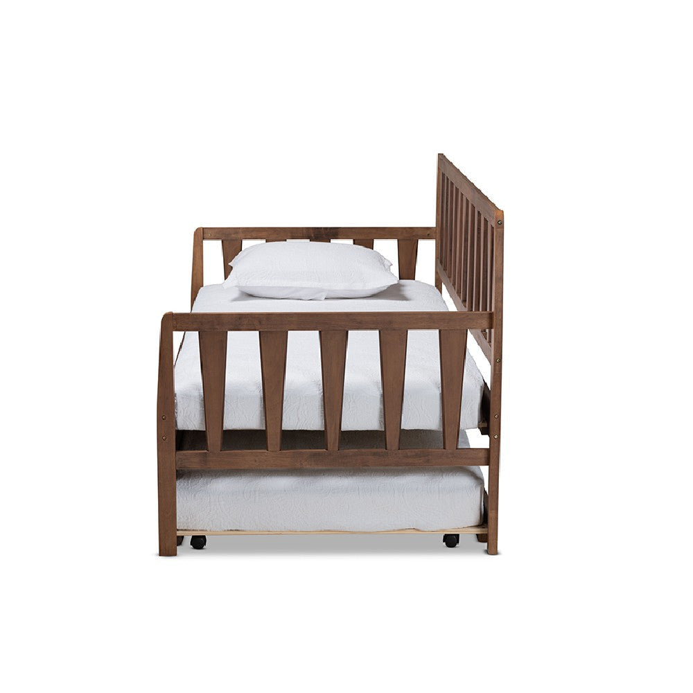 Baxton Studio Midori Modern and Contemporary Transitional Walnut Brown Finished Wood Twin Size Daybed with Roll-Out Trundle Bed