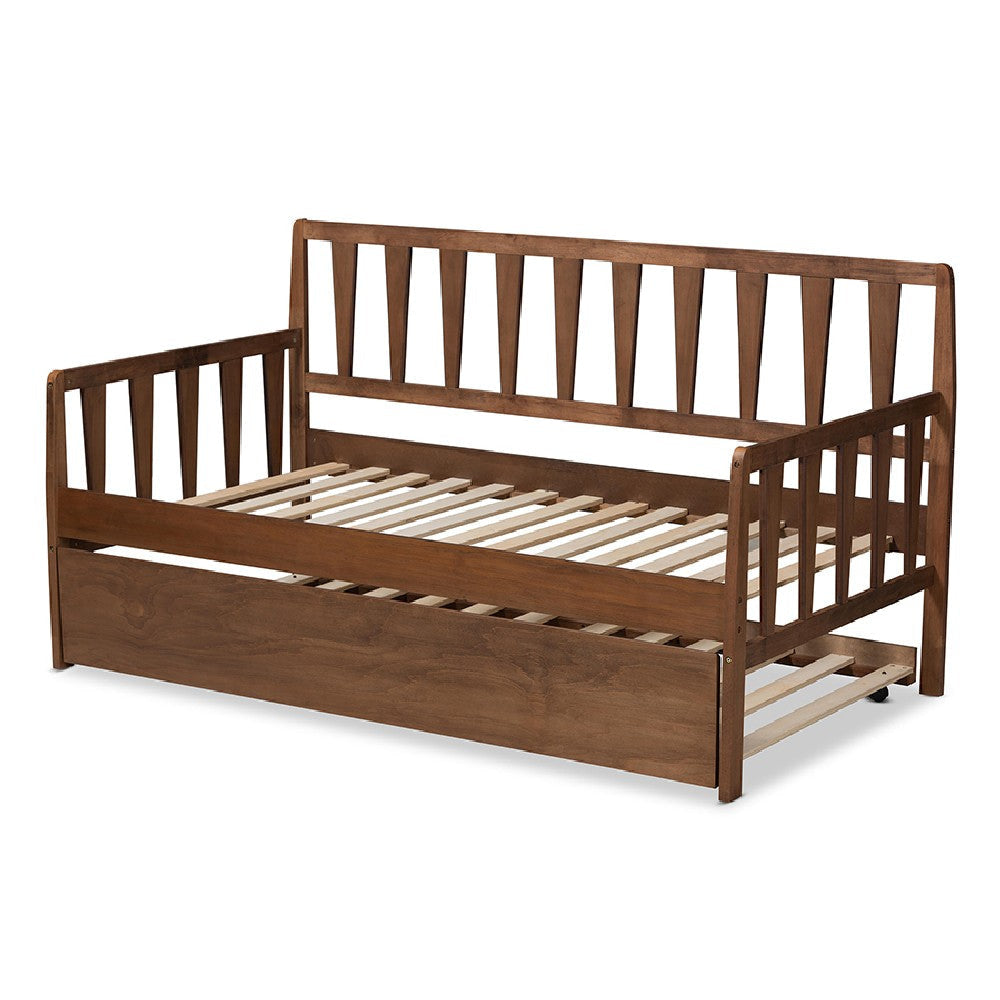Baxton Studio Midori Modern and Contemporary Transitional Walnut Brown Finished Wood Twin Size Daybed with Roll-Out Trundle Bed