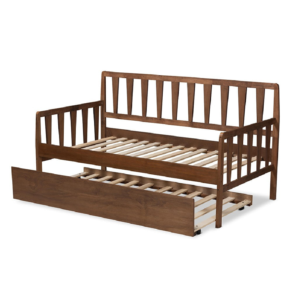 Baxton Studio Midori Modern and Contemporary Transitional Walnut Brown Finished Wood Twin Size Daybed with Roll-Out Trundle Bed
