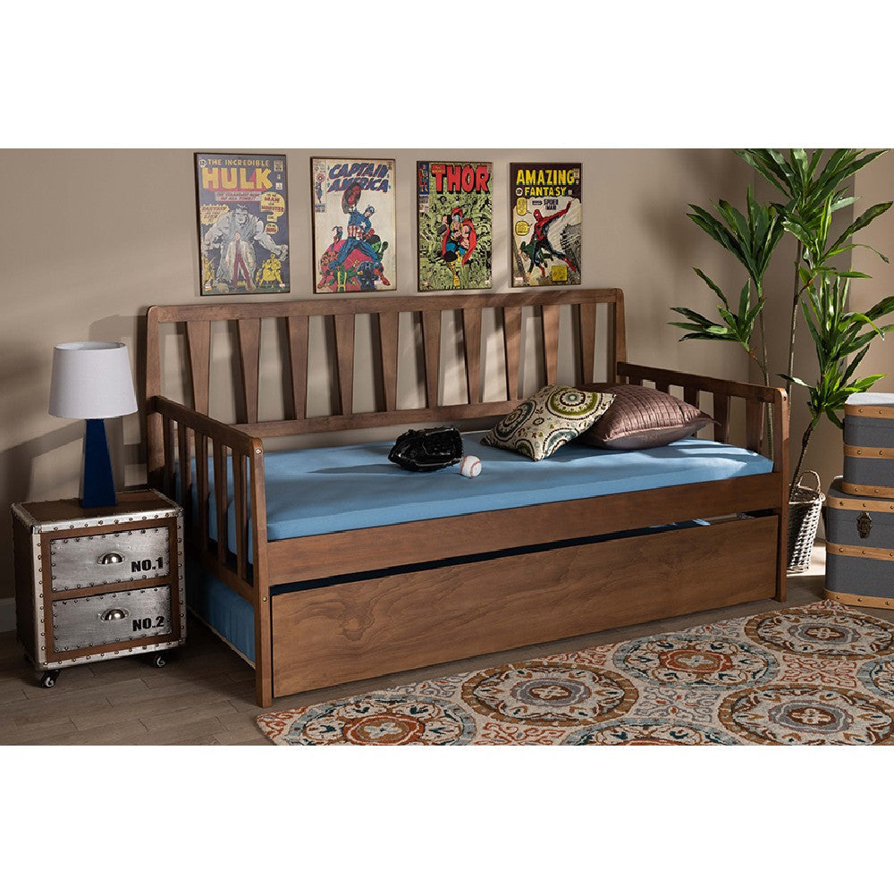 Baxton Studio Midori Modern and Contemporary Transitional Walnut Brown Finished Wood Twin Size Daybed with Roll-Out Trundle Bed