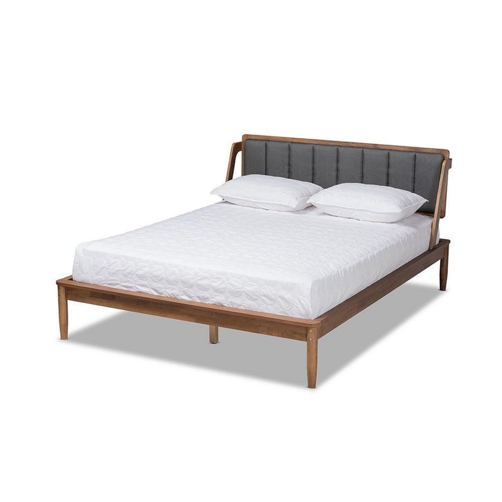 Baxton Studio Helsa Mid-Century Modern Dark Grey Fabric Upholstered and Walnut Finished Full Size Platform Bed