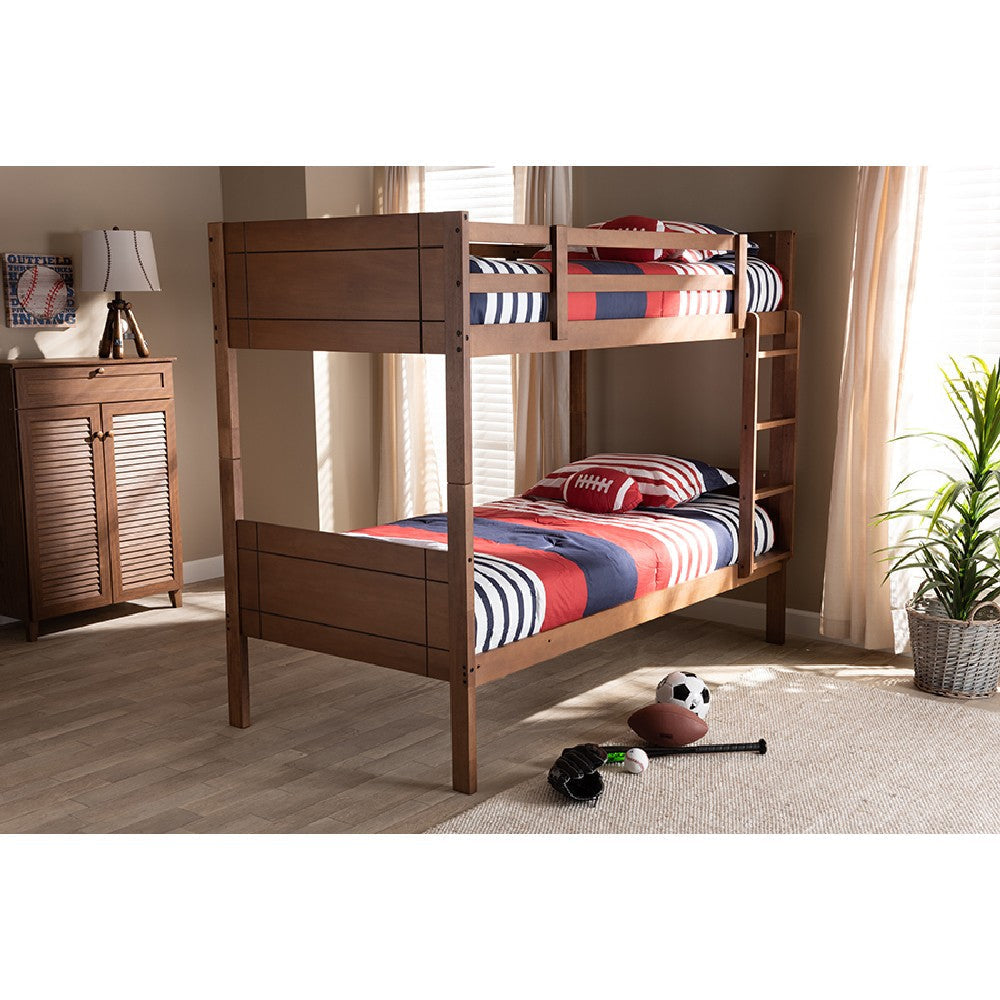 Baxton Studio Elsie Modern and Contemporary Walnut Brown Finished Wood Twin Size Bunk Bed WHI-MG0051-Walnut-Twin-Bunk-Bed