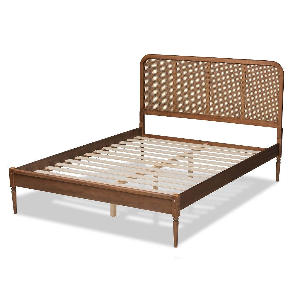 Baxton Studio Elston Mid-Century Modern Walnut Brown Finished Wood and Synthetic Rattan Full Size Platform Bed