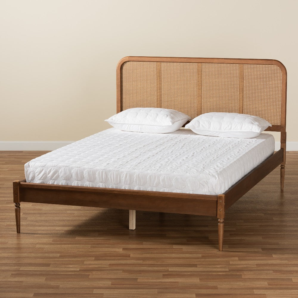 Baxton Studio Elston Mid-Century Modern Walnut Brown Finished Wood and Synthetic Rattan Full Size Platform Bed