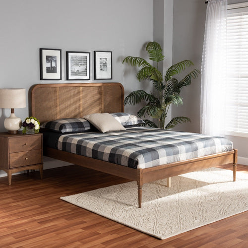 Baxton Studio Elston Mid-Century Modern Walnut Brown Finished Wood and Synthetic Rattan Full Size Platform Bed