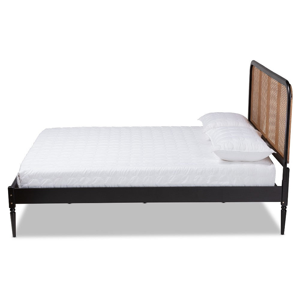 Baxton Studio Elston Mid-Century Modern Charcoal Finished Wood and Synthetic Rattan Queen Size Platform Bed