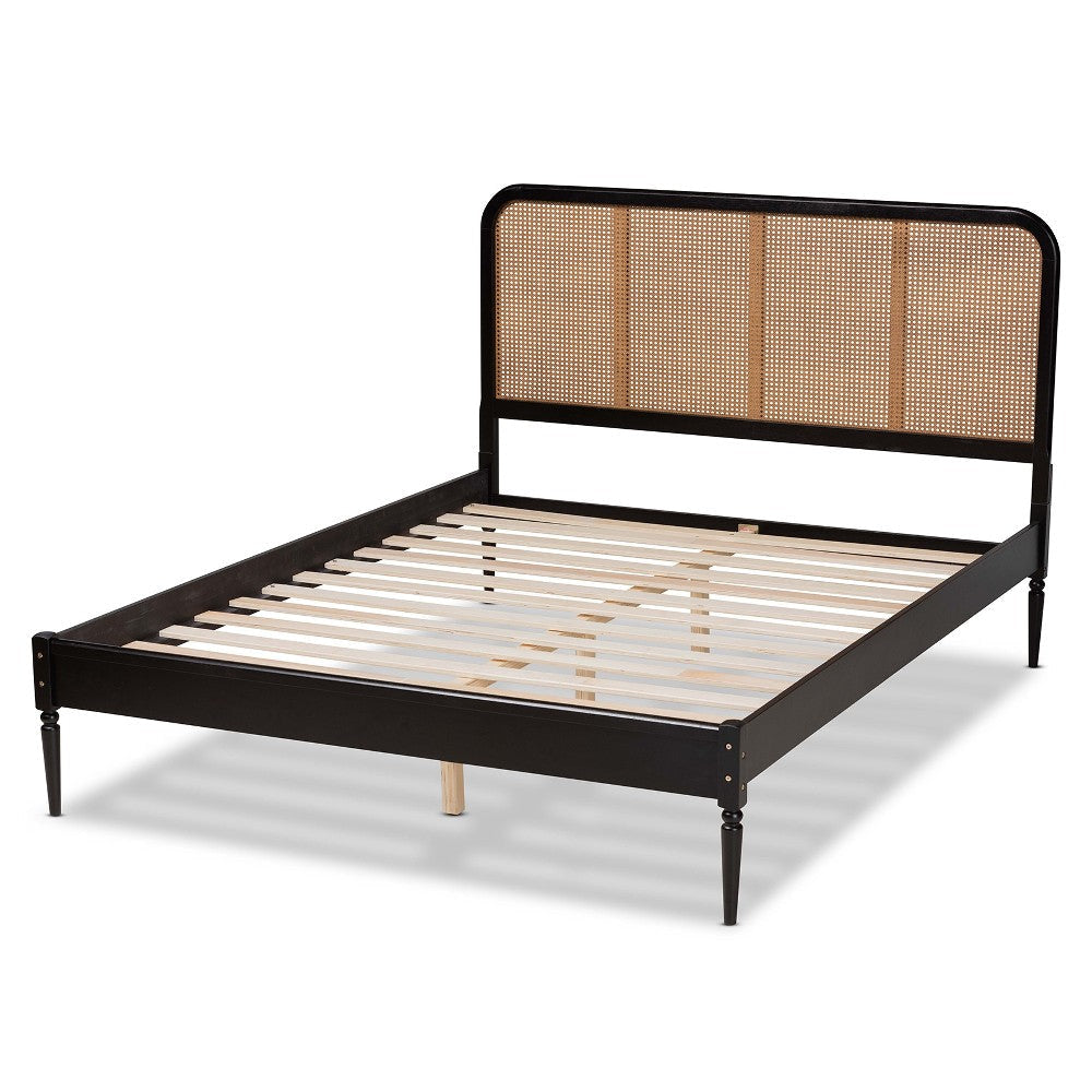 Baxton Studio Elston Mid-Century Modern Charcoal Finished Wood and Synthetic Rattan Queen Size Platform Bed