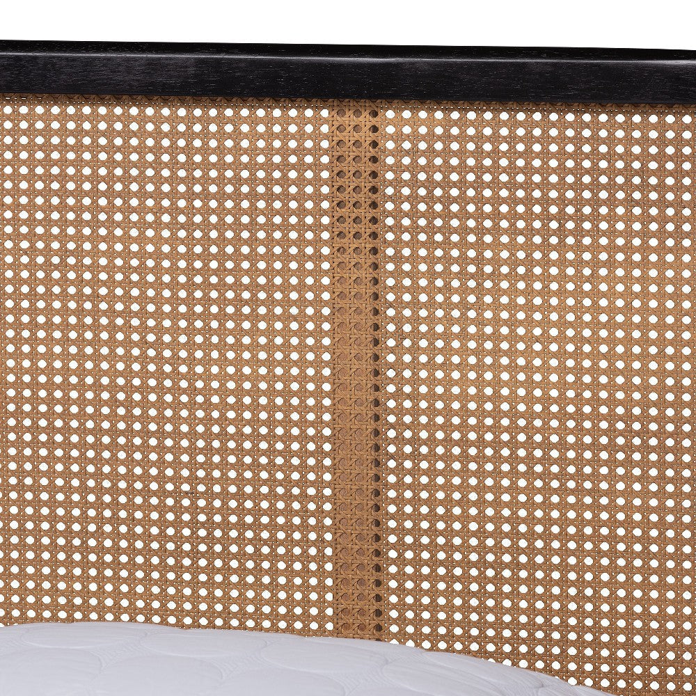 Baxton Studio Elston Mid-Century Modern Charcoal Finished Wood and Synthetic Rattan Queen Size Platform Bed