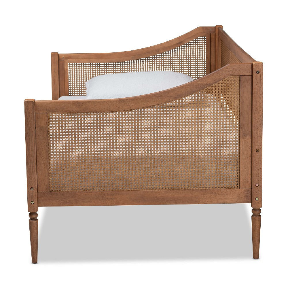 Baxton Studio Ogden Mid-Century Modern Walnut Brown Finished Wood and Synthetic Rattan Twin Size Daybed WHI-MG0074-Rattan-Walnut-Daybed