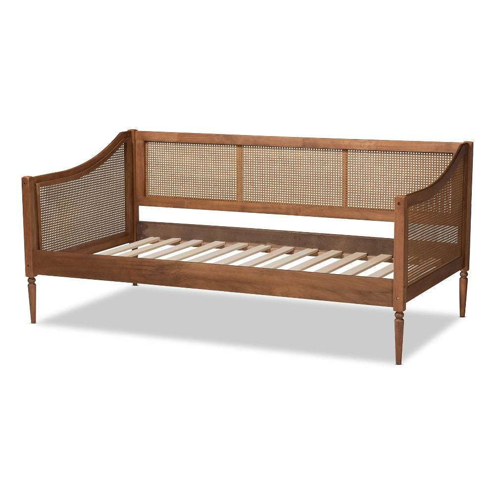 Baxton Studio Ogden Mid-Century Modern Walnut Brown Finished Wood and Synthetic Rattan Twin Size Daybed WHI-MG0074-Rattan-Walnut-Daybed