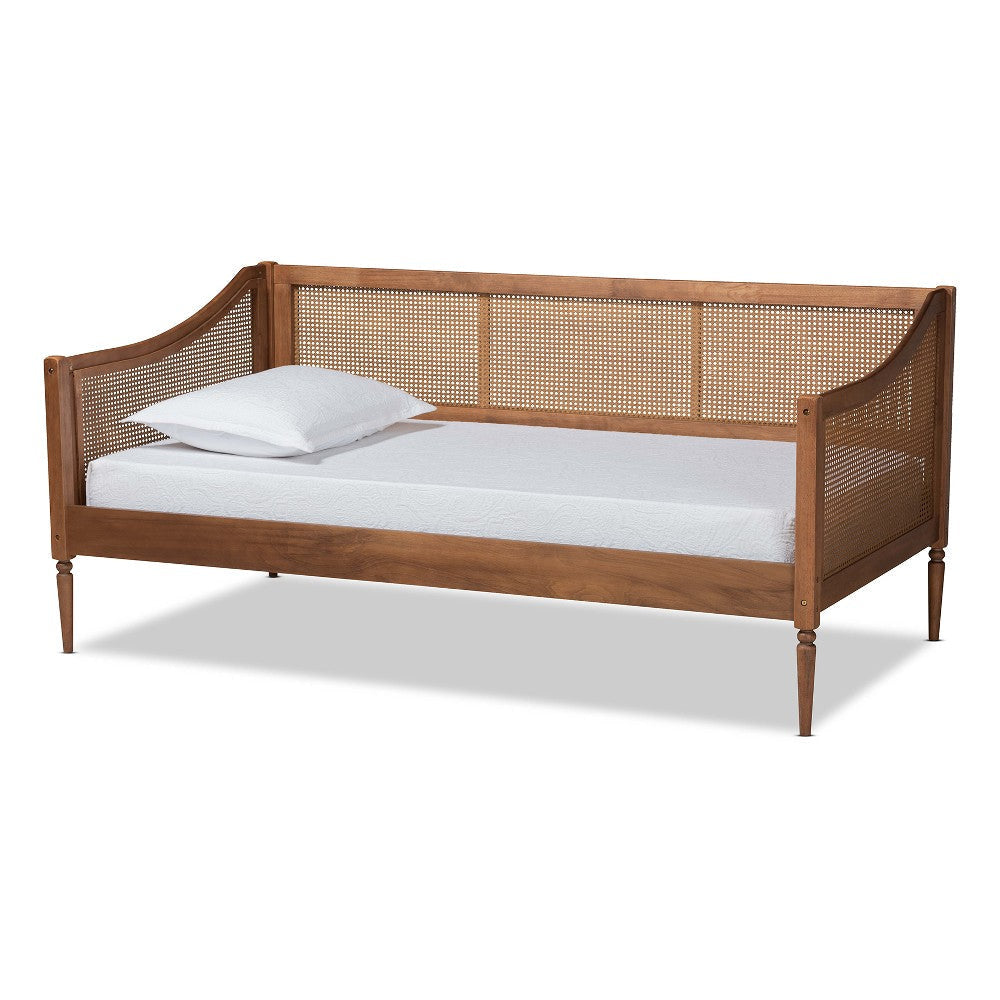 Baxton Studio Ogden Mid-Century Modern Walnut Brown Finished Wood and Synthetic Rattan Twin Size Daybed WHI-MG0074-Rattan-Walnut-Daybed
