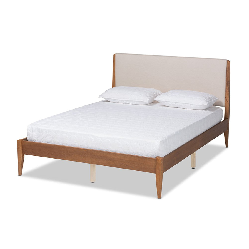 Baxton Studio Lenora Mid-Century Modern Beige Fabric Upholstered and Walnut Brown Finished Wood Full Size Platform Bed