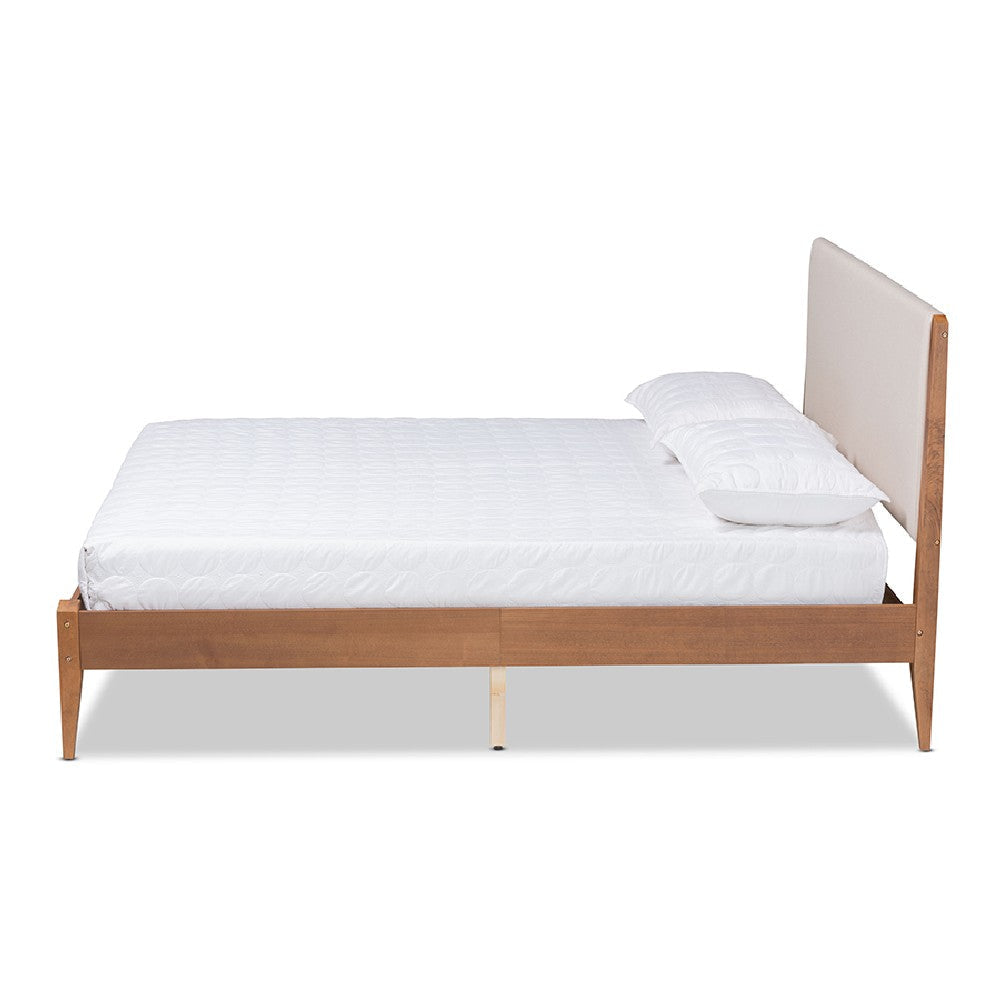 Baxton Studio Lenora Mid-Century Modern Beige Fabric Upholstered and Walnut Brown Finished Wood Full Size Platform Bed