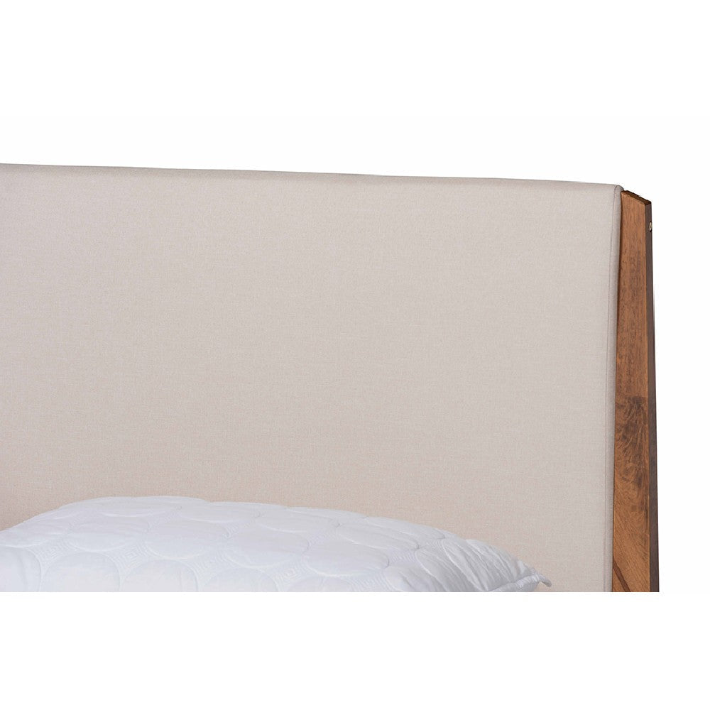 Baxton Studio Lenora Mid-Century Modern Beige Fabric Upholstered and Walnut Brown Finished Wood Full Size Platform Bed