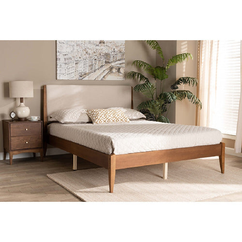 Baxton Studio Lenora Mid-Century Modern Beige Fabric Upholstered and Walnut Brown Finished Wood Full Size Platform Bed