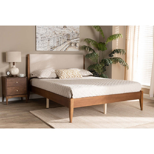 Baxton Studio Lenora Mid-Century Modern Beige Fabric Upholstered and Walnut Brown Finished Wood Full Size Platform Bed
