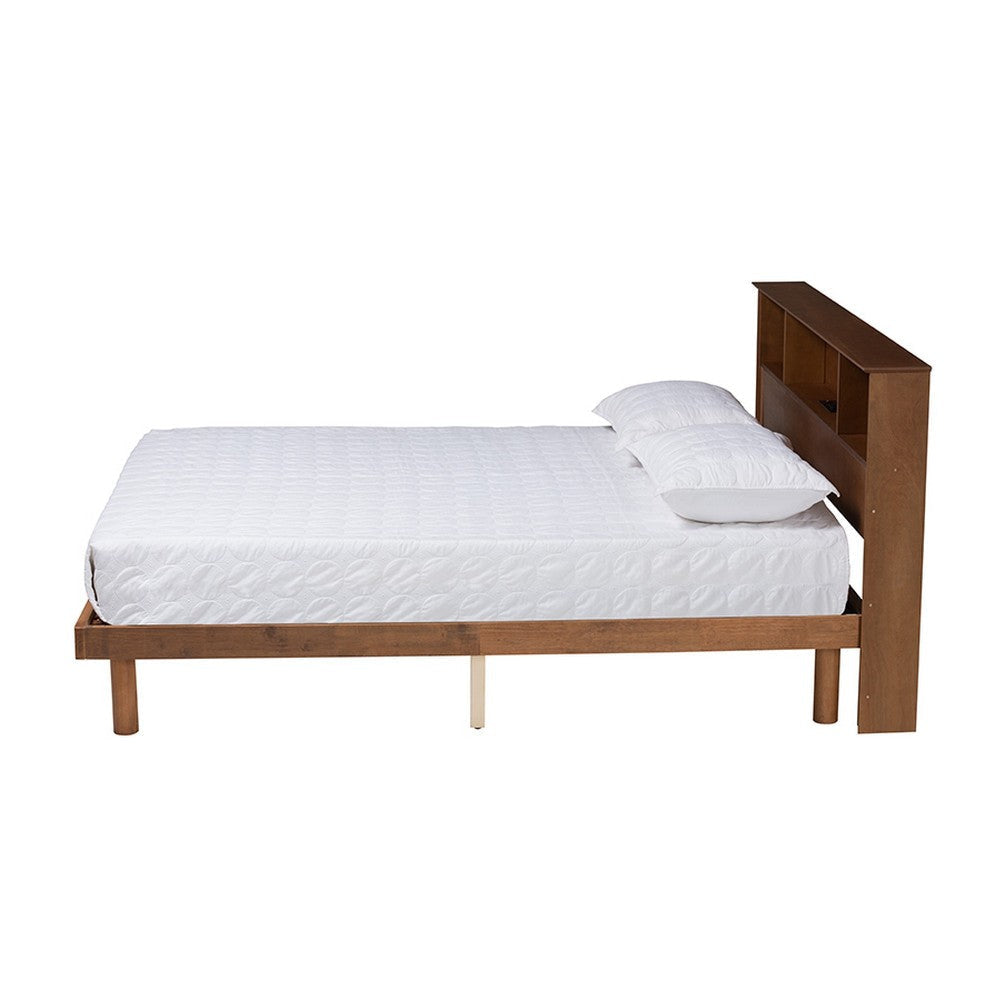 Baxton Studio Lochlan Mid-Century Modern Transitional Walnut Brown Finished Wood Full Size Platform Bed with Charging Station