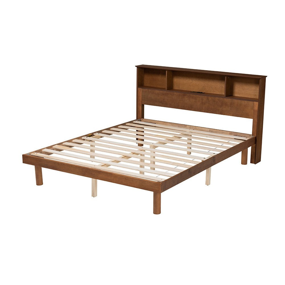 Baxton Studio Lochlan Mid-Century Modern Transitional Walnut Brown Finished Wood Full Size Platform Bed with Charging Station