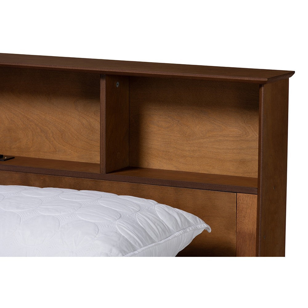 Baxton Studio Lochlan Mid-Century Modern Transitional Walnut Brown Finished Wood Full Size Platform Bed with Charging Station