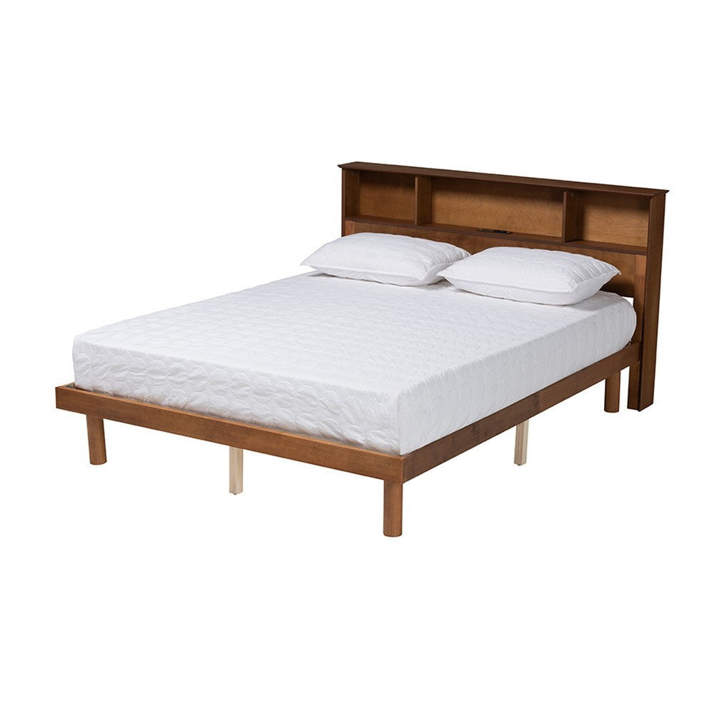 Baxton Studio Lochlan Mid-Century Modern Transitional Walnut Brown Finished Wood Full Size Platform Bed with Charging Station